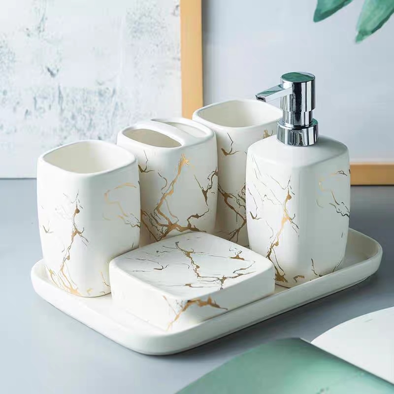 Marmer Keramiek Badkamer Set 5Pcs Zeepdispenser/Tandenborstel Houder/Tumbler/Zeepbakje Lade Badkamer Decoratie accessoires
