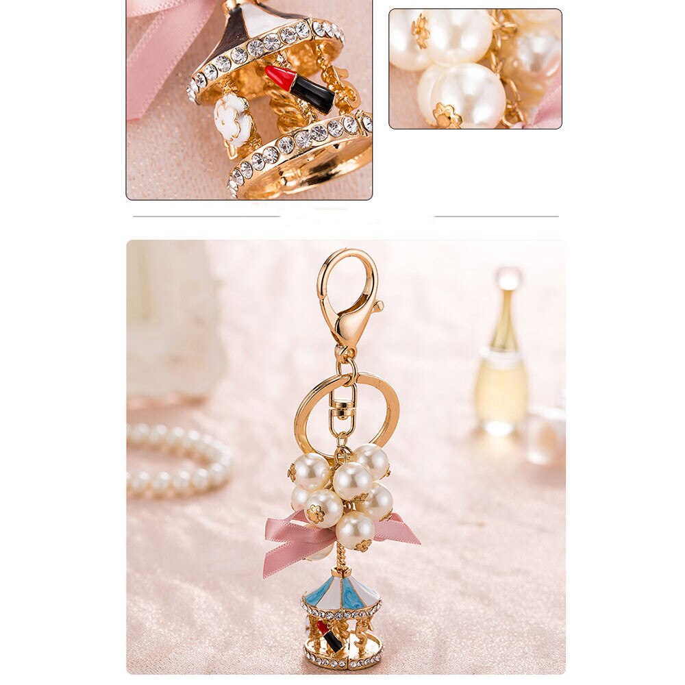 Carousel Keychain Women Pendant For Handbag Bag Exquisite Pearl String Carousel Car Key Chain Girls Bag Car Strap Pendant