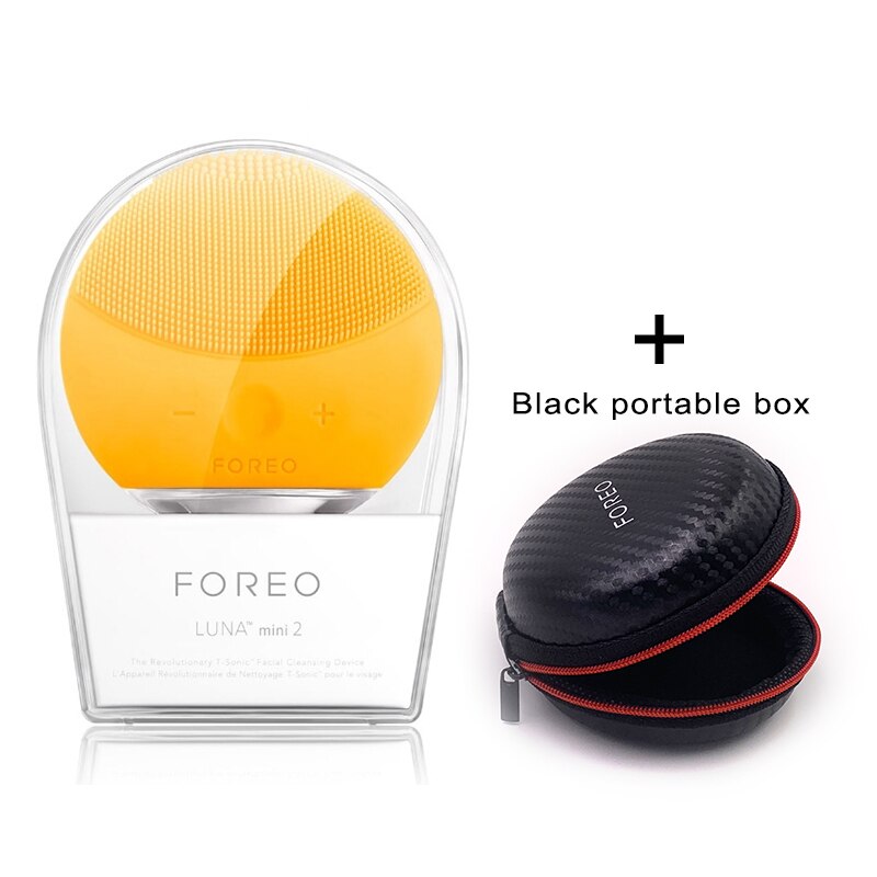 Foreo Mini 2 Limpieza Gesichts FOREO Elektrische Gesicht Reinigung Pinsel Mit Tragbaren Kasten,USB-Ladung, ccept: Gelb hinzufügen Schwarz Kasten