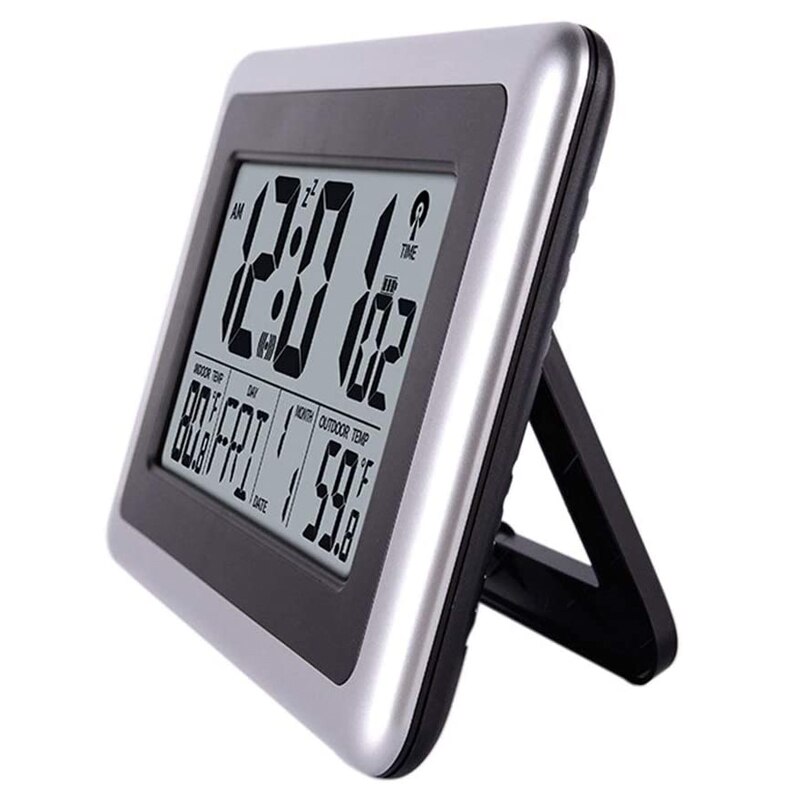 Atomic Wall Desk Clock Large Display with Indoor Outdoor Temperature Date Calendar Digital Alarm Clock Battery Operated for Room