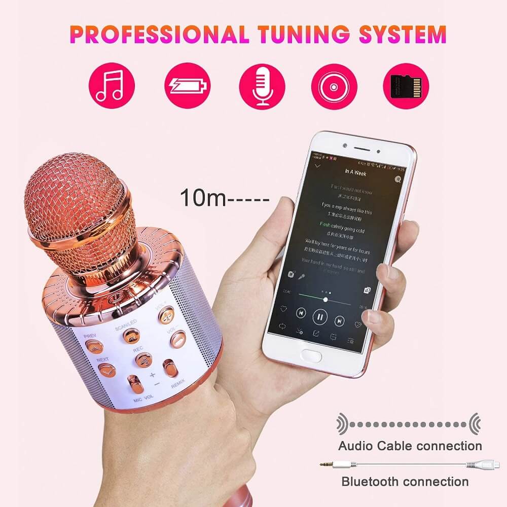 Wireless Bluetooth Karaoke Microphone with LED Lights Handheld Multifunction Speaker Rechargeable Li-Battery Best for Kids