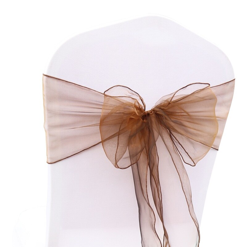 50 st/lot skirt band organza bröllopsdekorationer stol skärp skärp knut stolsöverdrag rosett band slipsar stolar dekoration tillbehör: Choklad