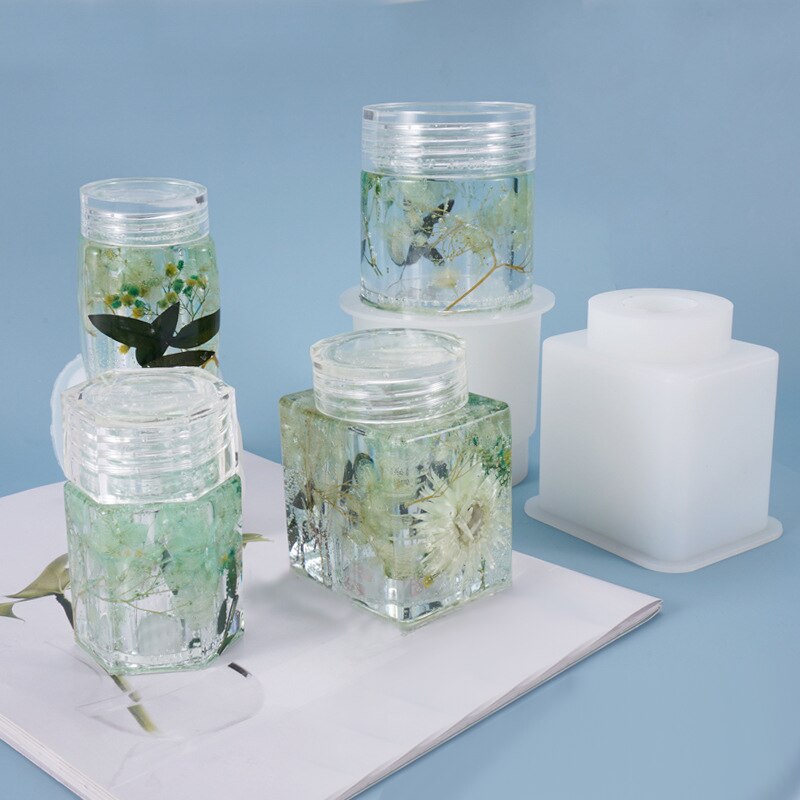 Diy krystal epoxy form flaske opbevaring flaske opbevaring forseglet krukke med låg opbevaring silikone form: Cylindrisk