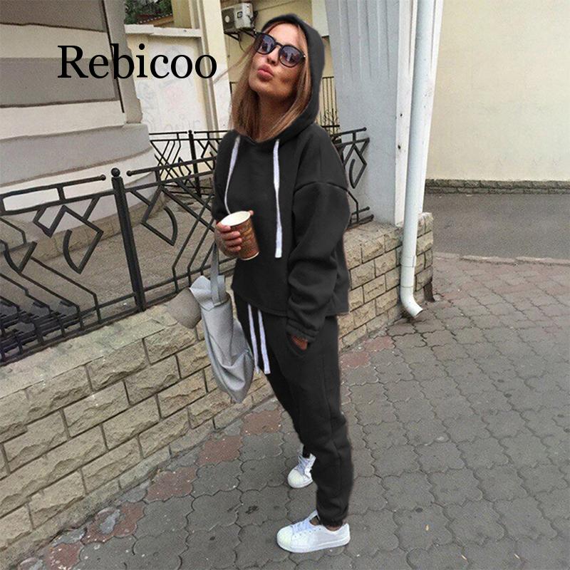 Rebicoo 2pcs Set Hoodies Loose Hooded Tops Sweatshirt+Solid Long Pants 2 Pieces Sets Women Clothing Suits Female Tracksuit