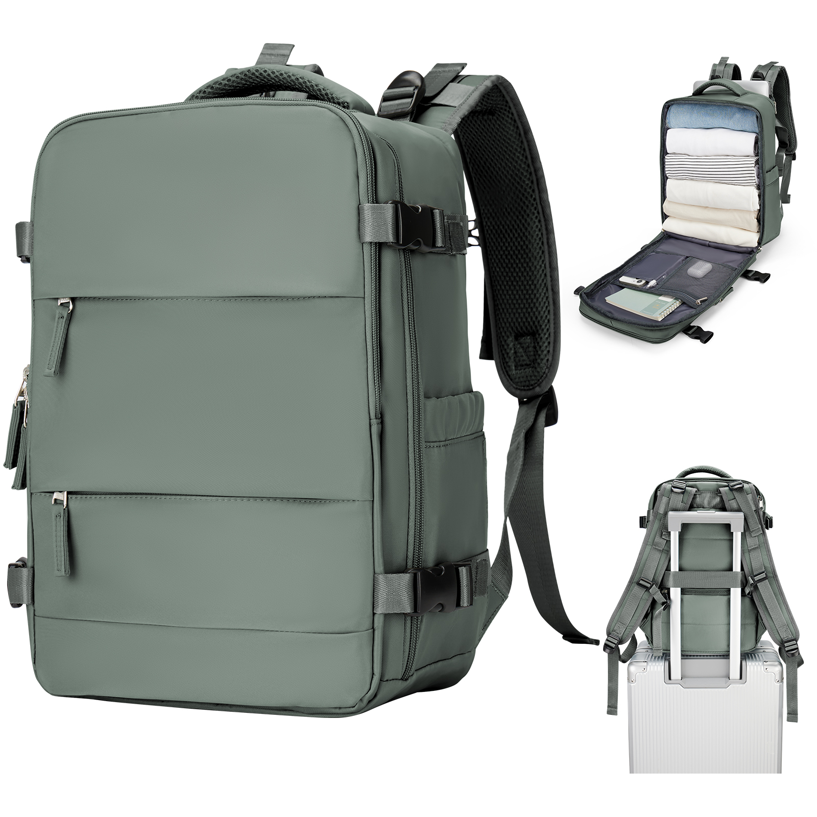 Reisrugzak Voor Dames Heren, 42X32X20, Rugzak Met Luchtvaartmaatschappij Goedgekeurd, Waterdichte Casual Laptop Rugzak Voor Universiteitszaken: Army Green