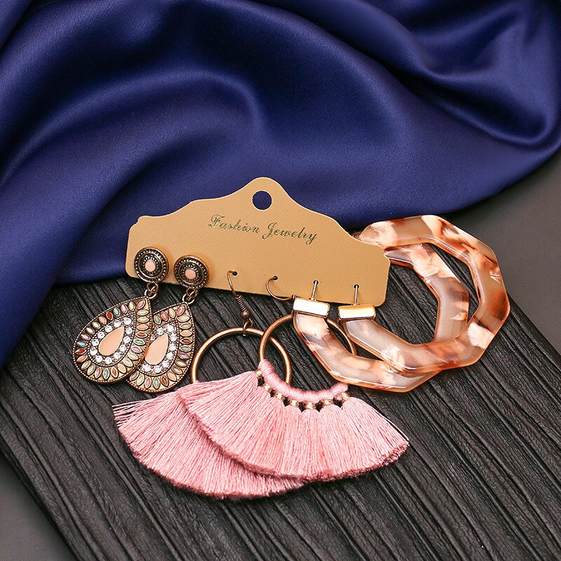 Vintage etniczne kolczyki Boho ze stopu zestaw Indian biżuteria Tassel spadek kolczyki dla kobiet kwiat biżuteria akcesoria