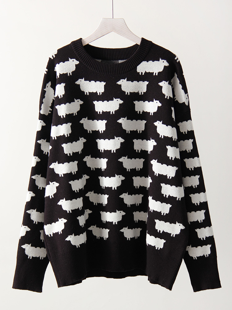 Høstlig søt posete genser med trykk til dame varm o-hals overdimensjonert gensere strikkede røde løse gensere dame grønn genser: Svart