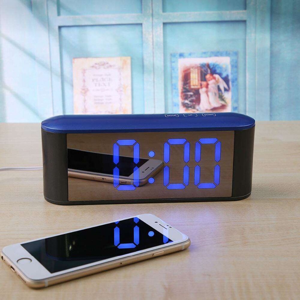 Digital bord ur med temperatur dispalyled skrivebordsindretning til hjemmet indretning elektronisk make up spejl ure snooze funtion: B blåt lys