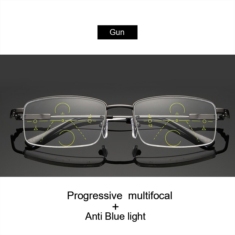 BLMUSA Titanium Progressive Multifocal Reading Glasses Men Anti Blue Light Glasses Women Eyewear For Elderly Blue Light Readers: Gun - Multifocal / +100