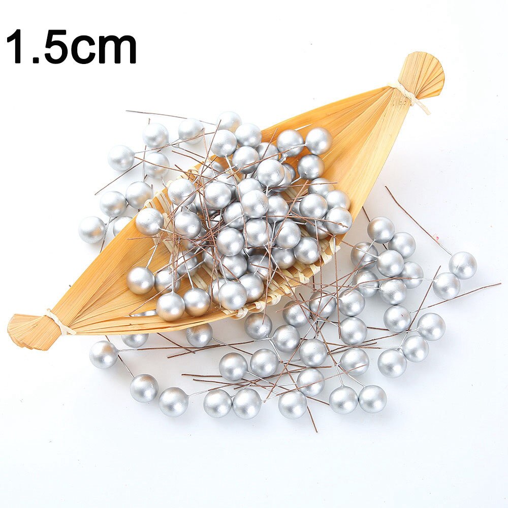 50 st 1.2/1.5cm konstgjorda blommor frukt pärla ståndare plast bär till bröllop jul år gör det själv låda dekorerad krans: 1.5cm silver