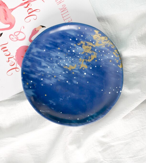 Styl skandynawski gwiaździsty niebieski talerz aksamitne ceramiczne talerze dekoracyjne ceramiczne okrągłe zastawa stołowa domowe talerze dekoracyjne talerz śniadaniowy