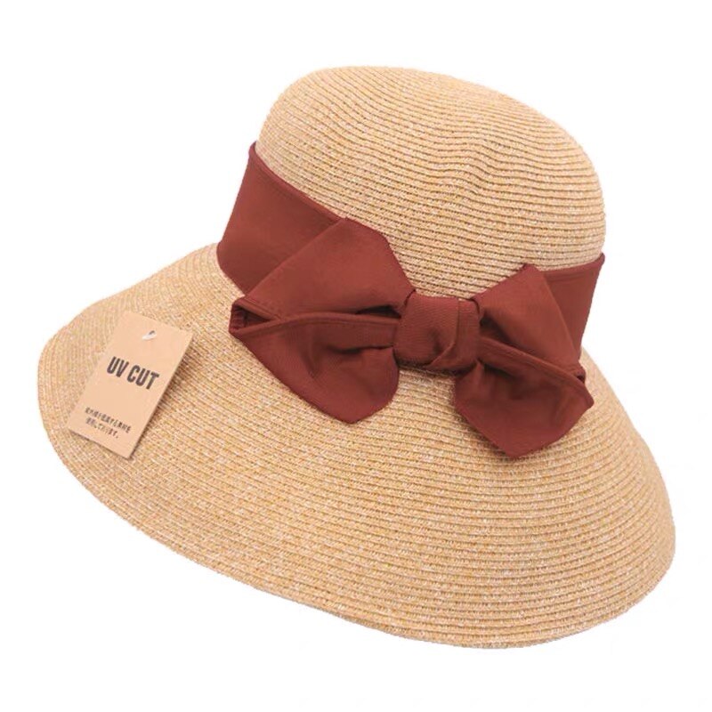 Zomer Strohoed Vrouwen Grote Wide Brim Strik Strand Zon Hoeden Opvouwbare Zonnebrandcrème Anti-Uv Panama Hoed Chapeu Feminino: Caramel