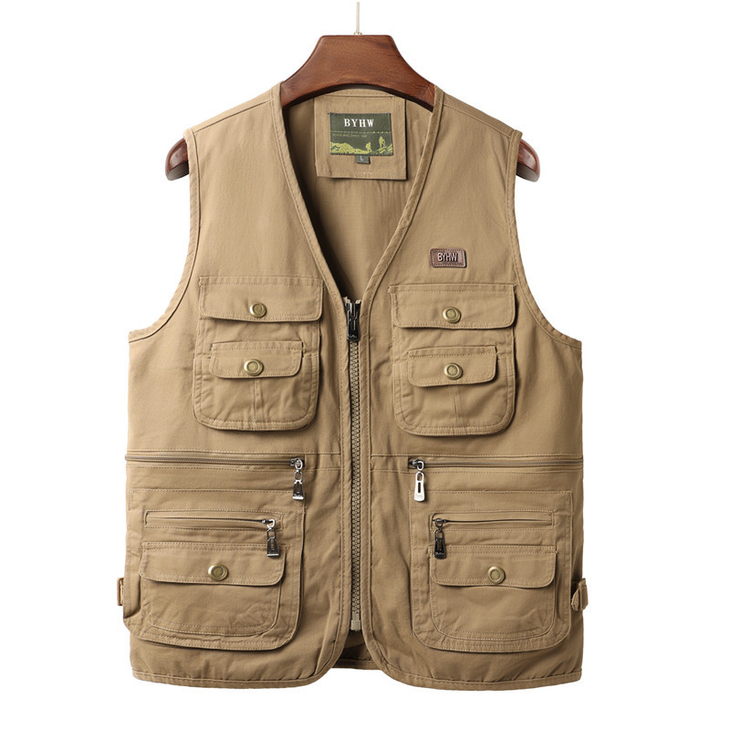 Herenvest met meerdere zakken, mouwloos jack, cargo vest voor heren, outdoor werkkleding, reis- en wandelvest, katoenen vest: Ik / Bruin