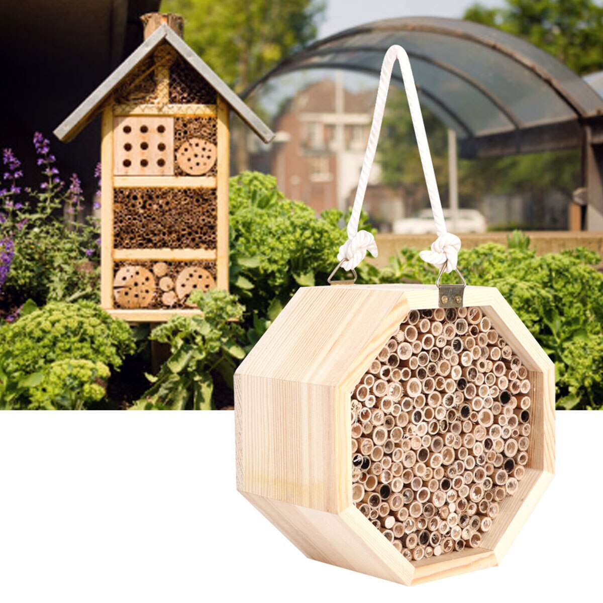 Handmade Natural Bamboo Bee Hive Bee House Attracts Peaceful Bee Pollinators for the Garden