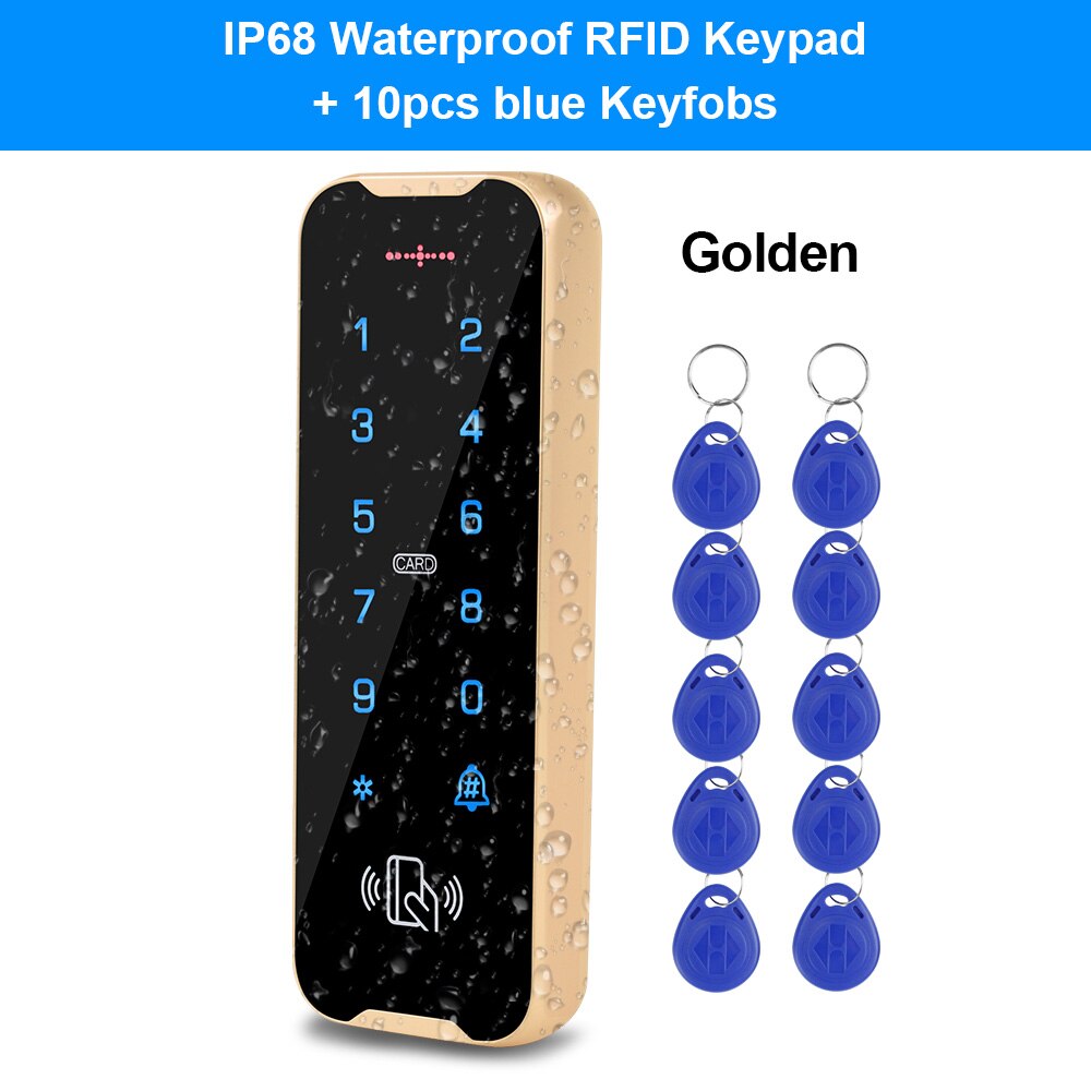 Outdoor Waterproof Access Control Keypad RFID Keyboard System 125KHz Card Reader Metal Touch Controller Wiegand26/34 Doorbell: Golden with blue Key