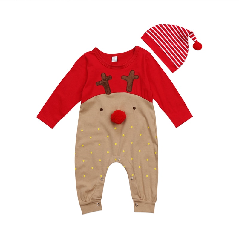 2 pièces -né bébé barboteuse bébé fille garçon noël renne vêtements combinaisons automne hiver à manches longues barboteuses + chapeau