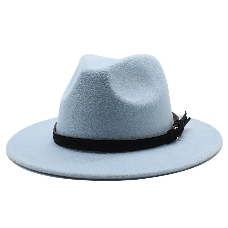 Sombrero Fedora de fieltro Gangster Trilby, gorras de Jazz de ala ancha europea americana, sombrero de boda blanco de lana para hombres y mujeres, 56-58-61CM: M / Azul cielo