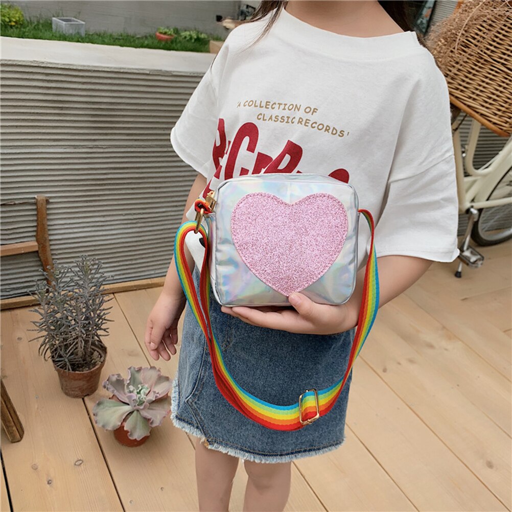 Women Sequins Love Heart Handbag Kids Bag Messenger Shoulder Bag Rainbow Shoulder Strap Crossbody Bag Lovely Wallet for Girls