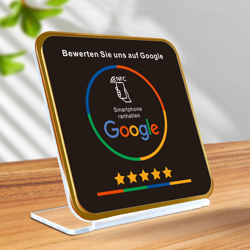 Présentoir de Table de Restaurant en acrylique NFC, noir, allemand, français, néerlandais, arabe, espagnol, poli, pour les réseaux sociaux sur Google: BLEU CIEL