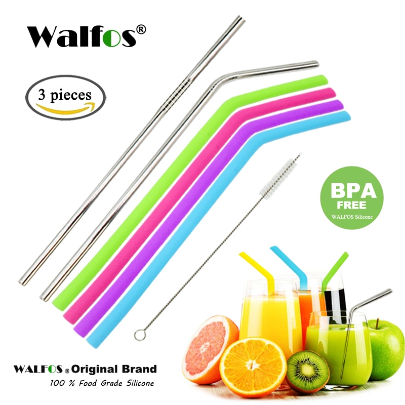 WALFOS Set Of 2 Reusable Drinking Straw Flexible Food Grade Stainless Steel Silicone Reusable Drink Straw For Mugs 20/30oz