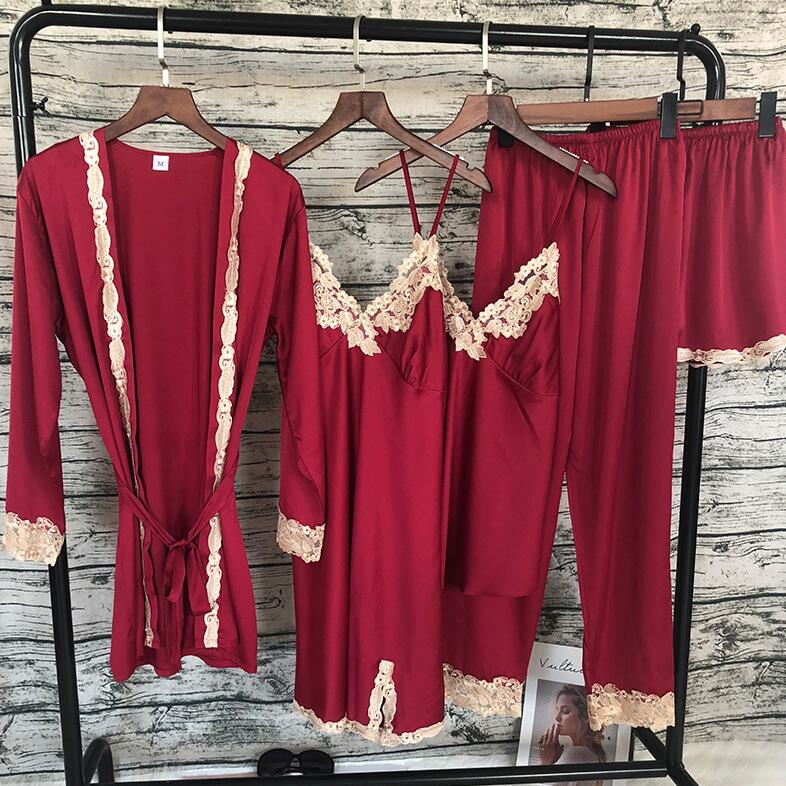 Kvinder satin nattøj 5 stykker pyjamas sexet blonde pyjamas sove lounge pyjamas silke nat hjemmetøj pyjamas jakkesæt: Rødvin / L