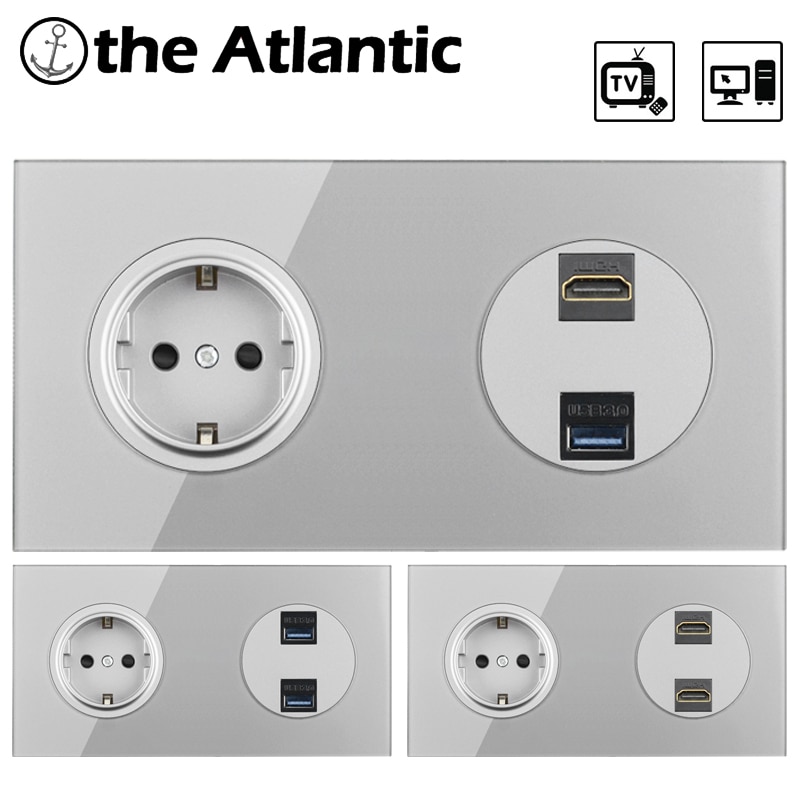 Eu eluttag med hdmi usb 3.0 data jack dataöverföringsport vägguttag för dator tv tv uttag silvergrått glas