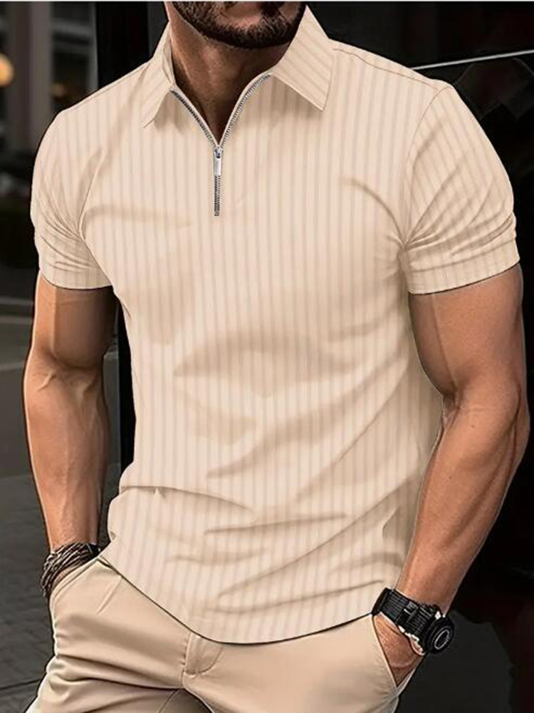 Camiseta Polo informal de negocios ligera de manga corta a la a rayas de verano para hombre, camiseta de manga corta de oficina elástica sólida con media cremallera: XL / Azul marino