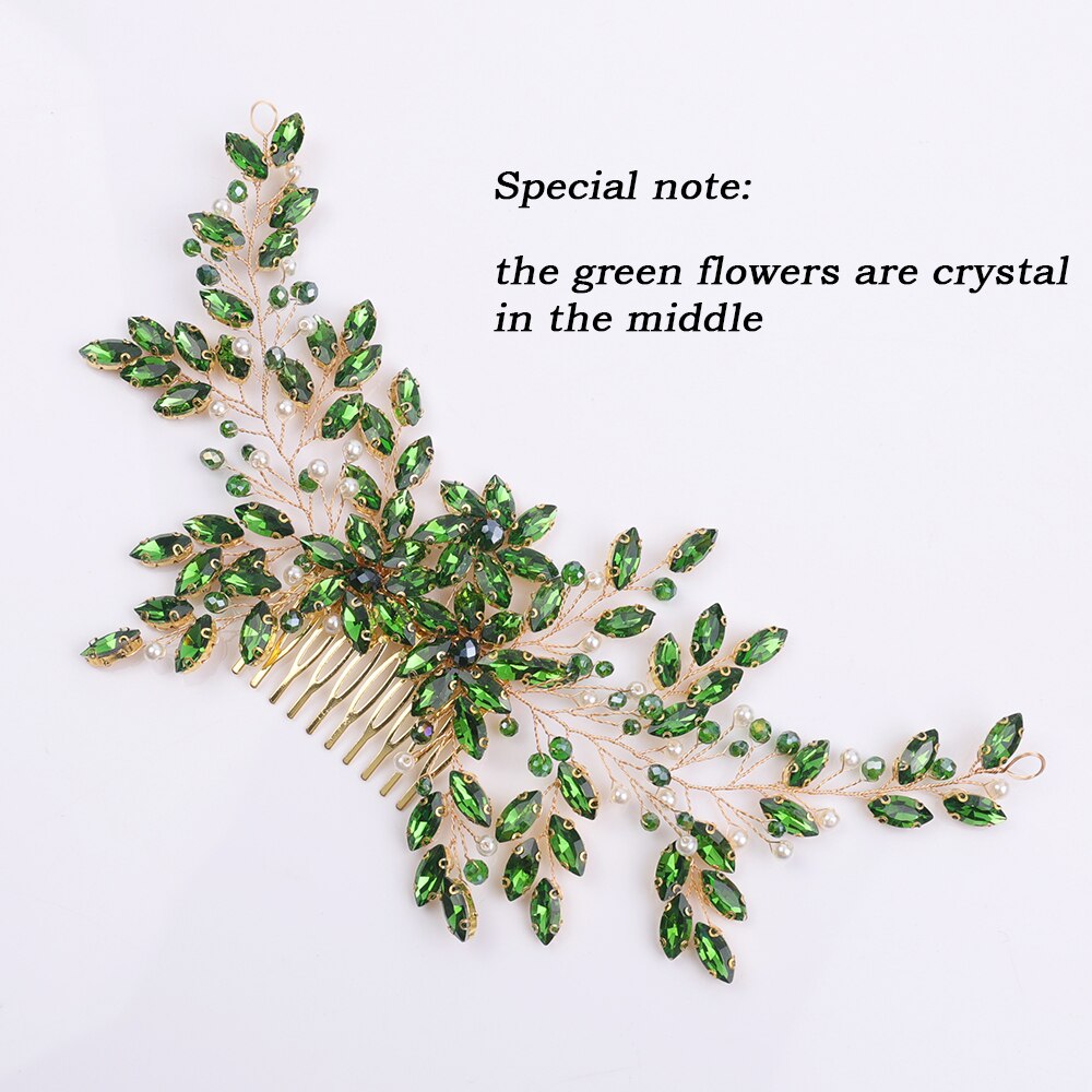 Peine grande para el pelo de novia, accesorio Vintage de plata con diamantes de imitación, perlas brillantes y cristales, tocado, pieza de cabello nupcial, boda: Verde