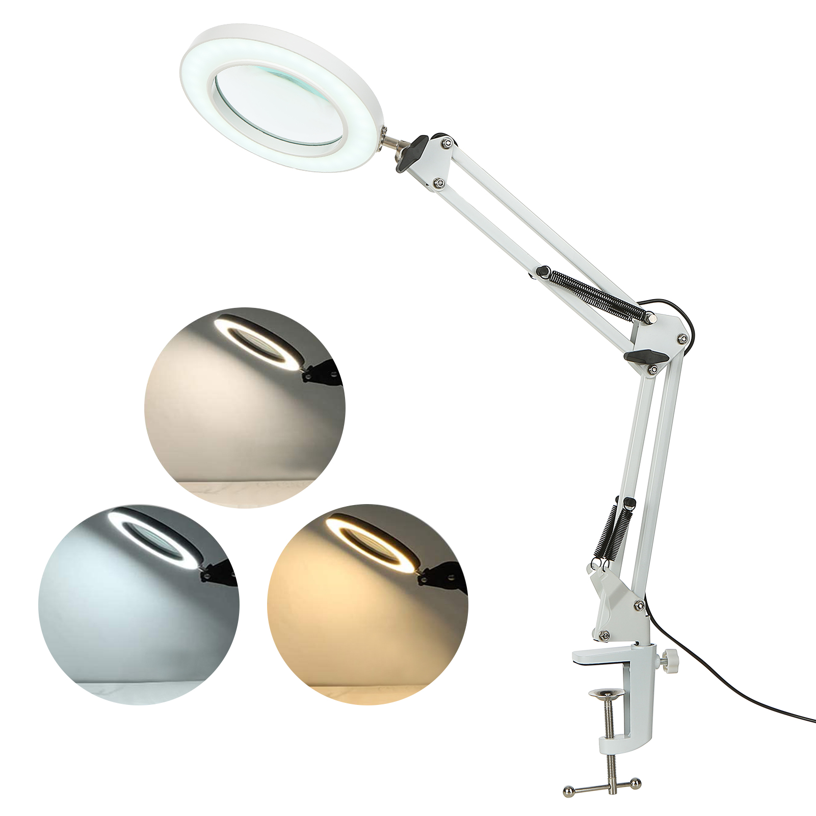 8x Verlicht Vergrootglas Glas Flexibele Clamp-On Tafellamp Swing Arm Dimbare Leds Bureaulamp 3 Kleur 10 Niveaus werk Lezen Licht: WHITE