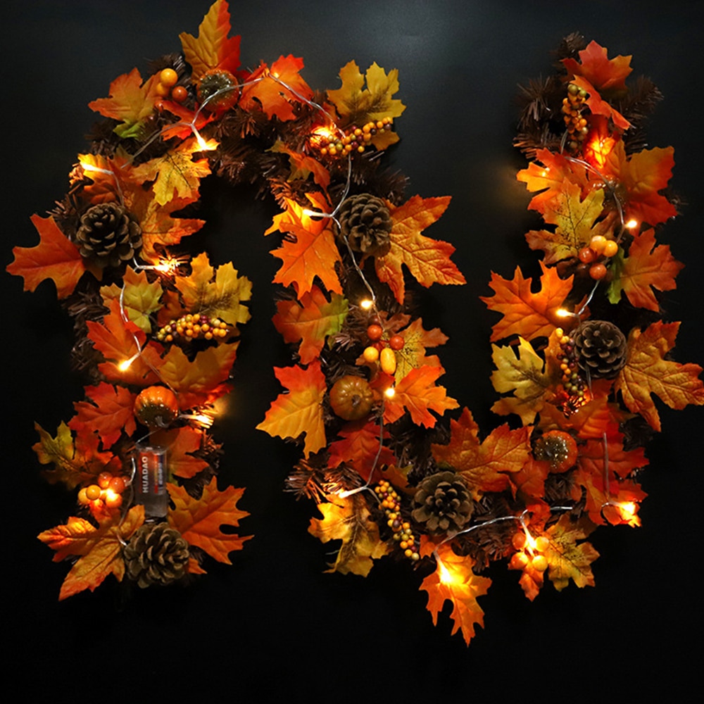 Herfst Pompoen Deur Decor Halloween Pvc Pine Cone Esdoornblad Rotan Thanksgiving Deur Venster Opknoping Decoratie Met Licht: with light