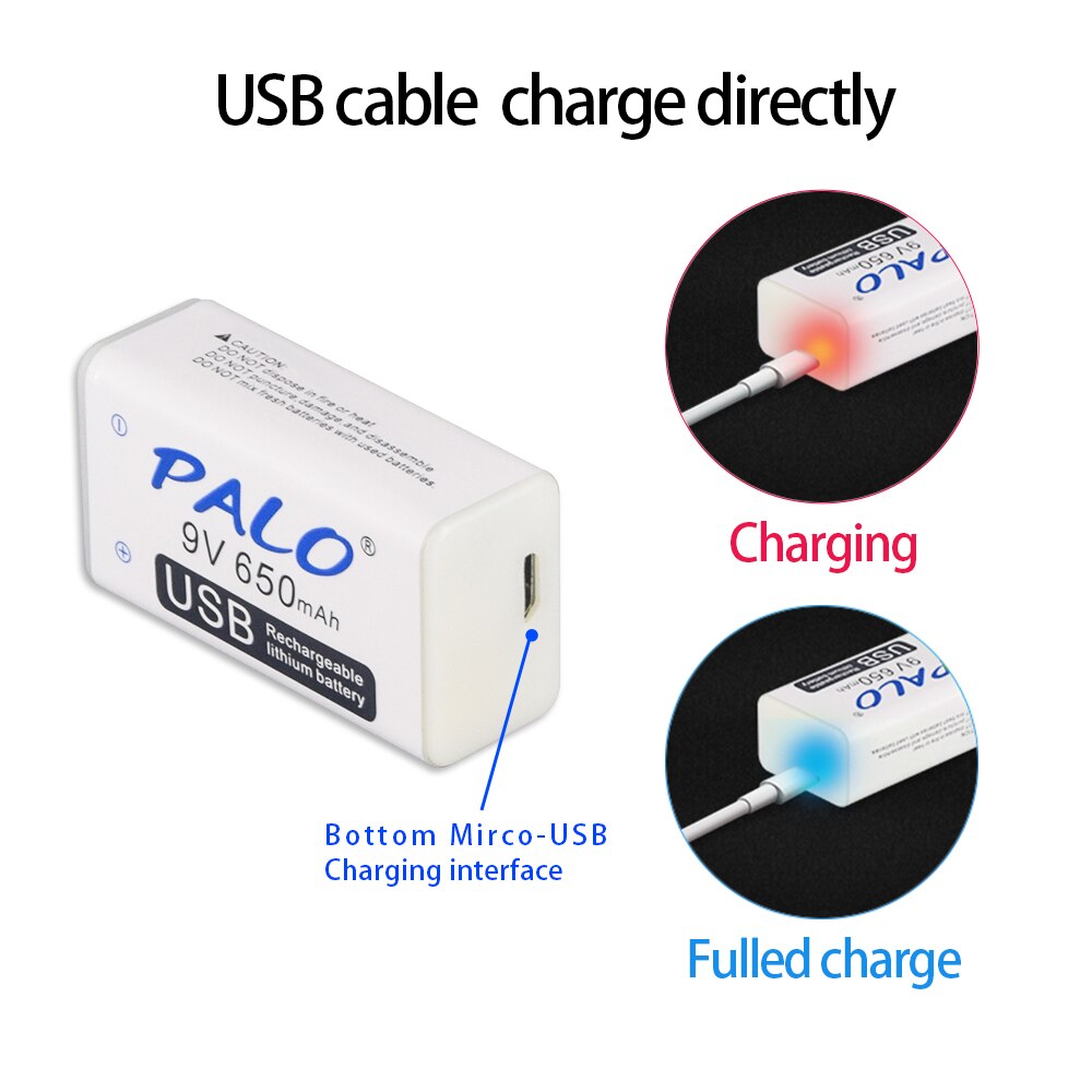 PALO micro USB 9V 6F22 Rechargeable Li-ion Battery 9 volt lithium battery 650mAh fast charging LED display batteries
