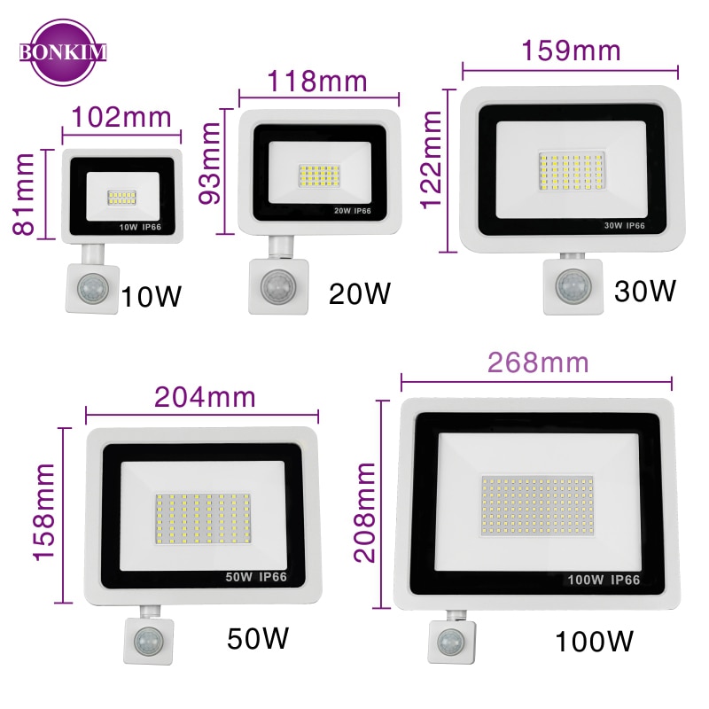 Led projektør pir bevægelsessensor  ac220v kold hvid reflektor spot vandtæt  ip66 10w 50w indendørs udendørs induktionsbelysning