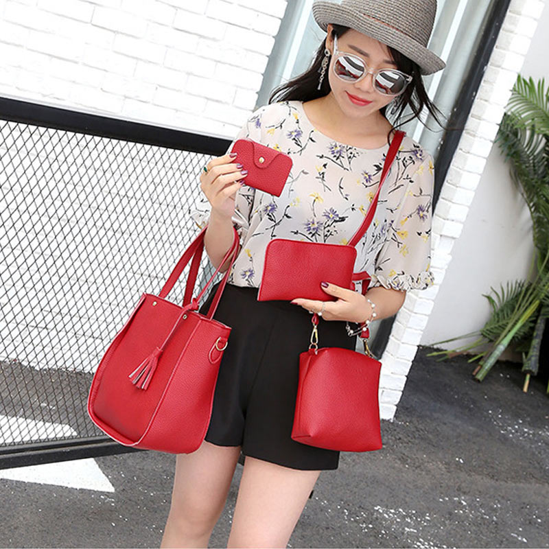 4 pièces/ensemble femmes sacs de messager zippés glands en cuir couleur unie sac à main dames filles sac à main sac à bandoulière SCI88