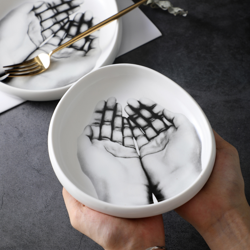 Ceramic Tableware Porcelain Plate Black and White Hand Pattern Dishes