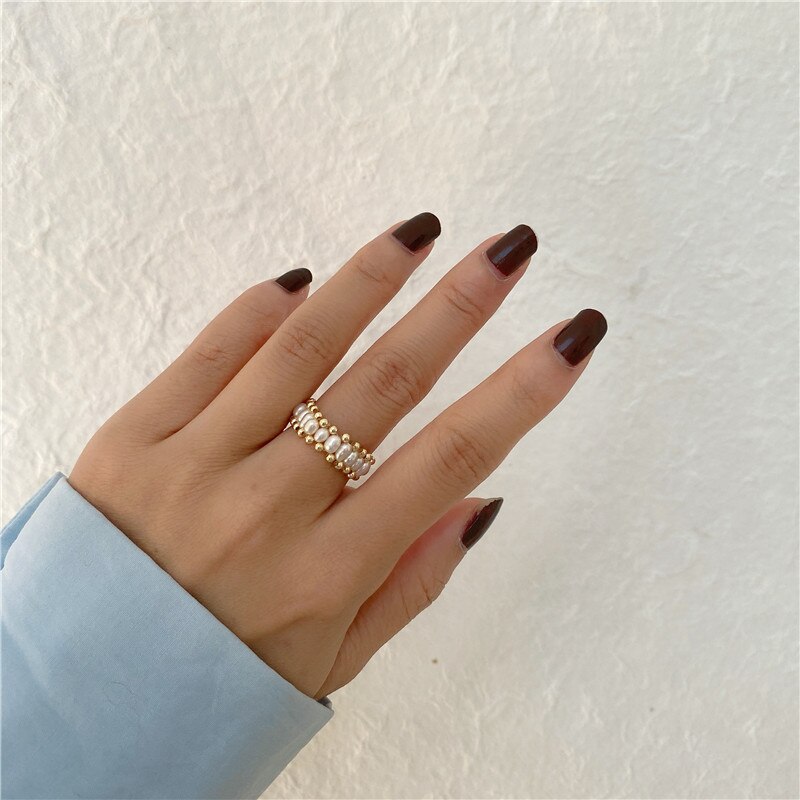 AOMU Natürliche Barocke Perle Ring Weibliche eins Flut Japanischen retro Kalten Elastische Ring für Frauen Einstellbare Waven Ring: C