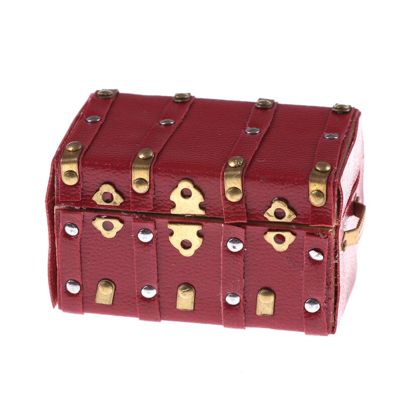 1:12 Dollhouse Miniature Vintage Treasure Chest Wood Case with Leather and Golden Holder Furniture Accessories: Red