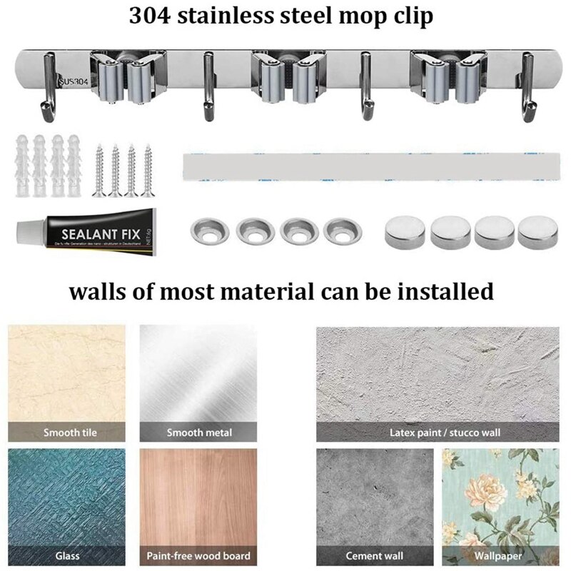 Broom Mop Holder Wall Mount,Metal Stainless Steel Wall Mounted Storage Organizer Heavy Duty Tools Hanger