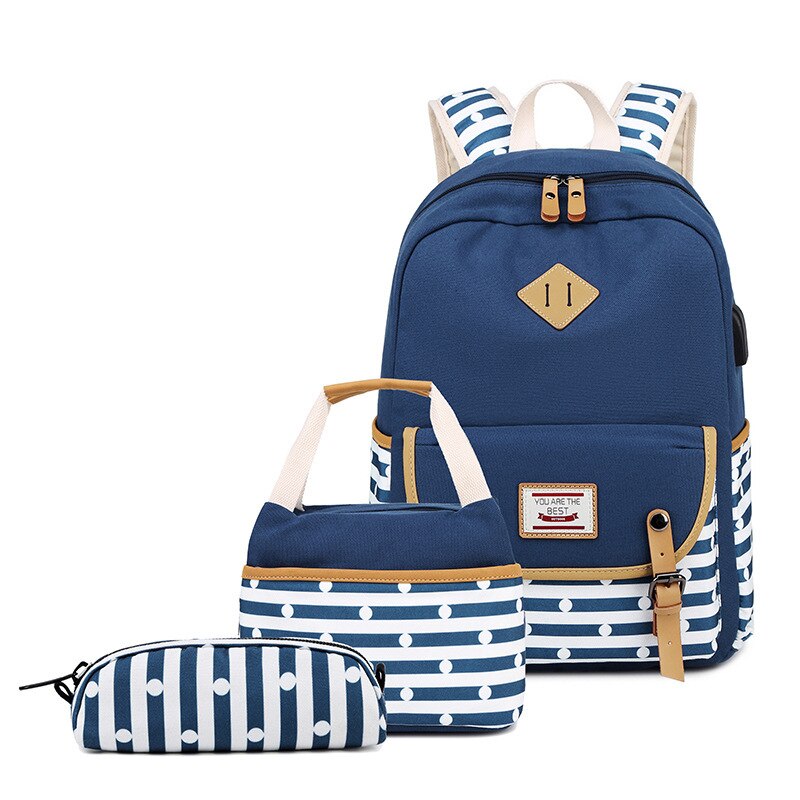 Usb Zak Vrouwen Aankomst Vrouwen Canvas Rugzak Schooltas Voor Meisjes Rugzak Rugzakken Schooltassen Reizen 3 Pcs: Blauw
