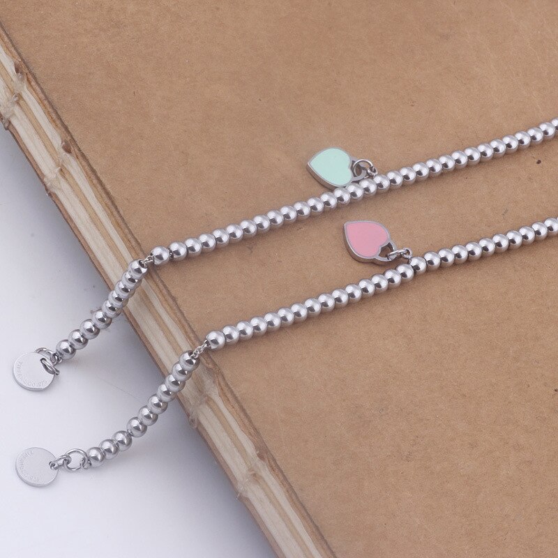 Bracelet avec pendentif en forme de cœur pour femmes, chaîne de perles en acier inoxydable, breloque en forme de cœur bleu rose, à la