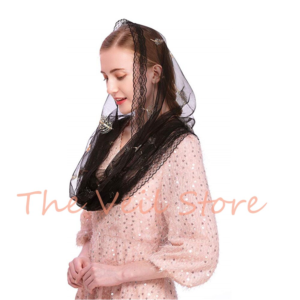 D Vorm Vrouwen Mantilla Sluiers Voor Kerk Katholieke Tule Geborduurd Latin Massa Zwart Pailletten Traditionele Hoofdbedekking MS2003