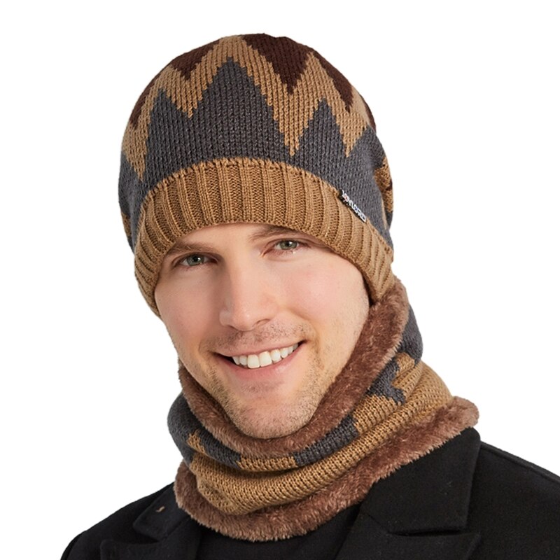 2Pcs Men Winter Flame Pattern Knitted Beanie Hat Circle Scarf Set Outdoor Cycling Windproof Thicken Plush Lined Skull Cap H05D