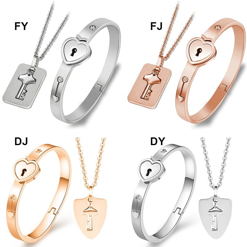 A Couple Lovers Jewelry Love Heart Lock Bracelet Stainless Steel Bracelets Bangles Key Pendant Necklace Jewelry
