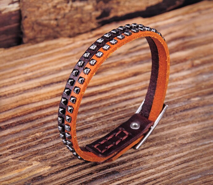 G553 Brown Rock Cool Chic Studded Single Wrap Leather Bracelet Wristband