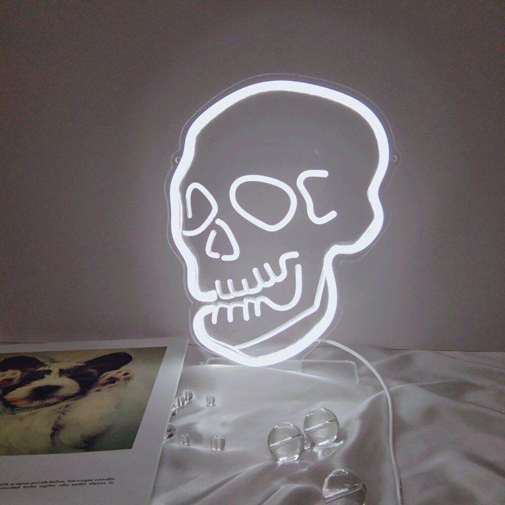 Skull Neon Sign 3D Art USB White Dimmable Switch Neon Sign with Stand Base for Living Room Shop Bar Sign Halloween Decoration