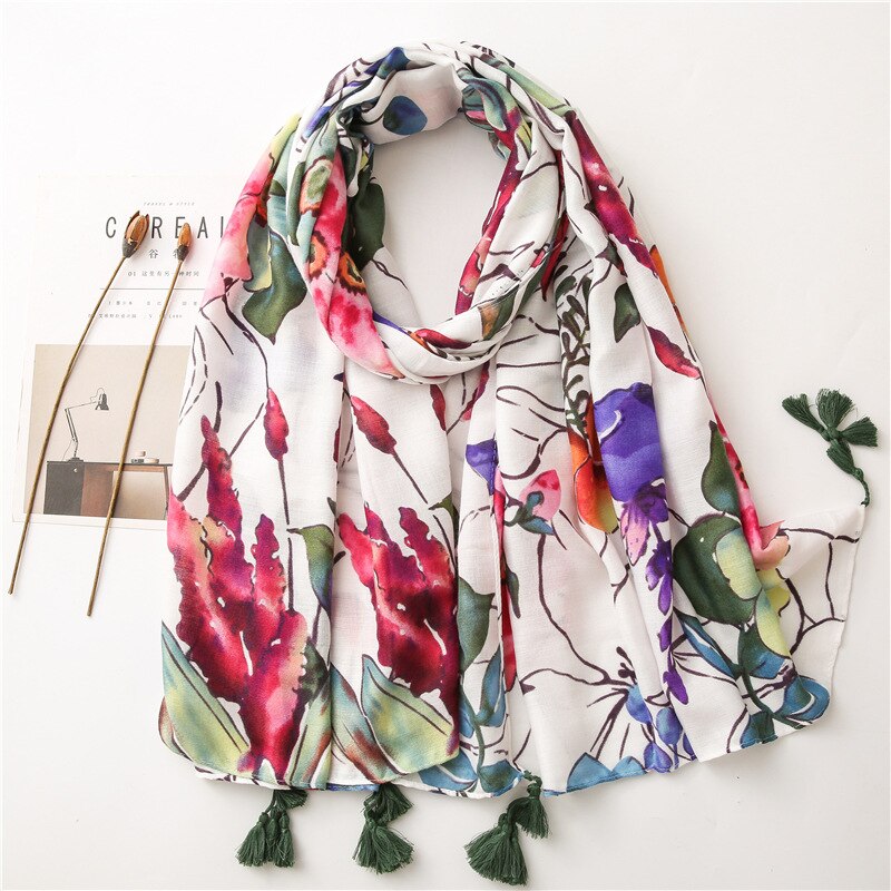 Foulard bohème pour femme, hijab blanc imprimé bohème, écharpe chaude en viscose, marque de luxe, couverture enveloppante pour femme: Style 12