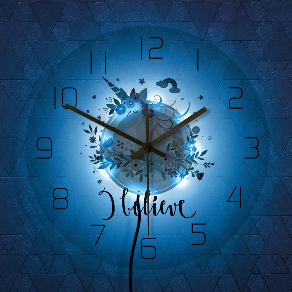 Unicorn With Flower Transparent 3D Wall Clock Modern LED Glow Wall Clocks Wall Watches Dial Vision Decorative Wall Clock