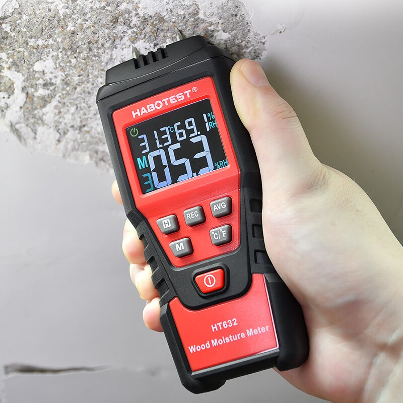 Digital træfugtmåler  ht632 lcd display to stifter træ fugtdetektor hygrometer temperatur papir beton måling