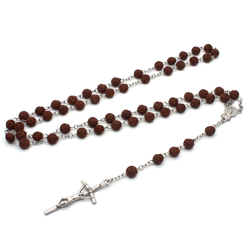 Xxfa Rozenkrans Katholieke Ketting Voor Vrouwen Rose Bloem Kralen Kruis Hanger Christelijke Religieuze Jezus Kettingen Sieraden Charm
