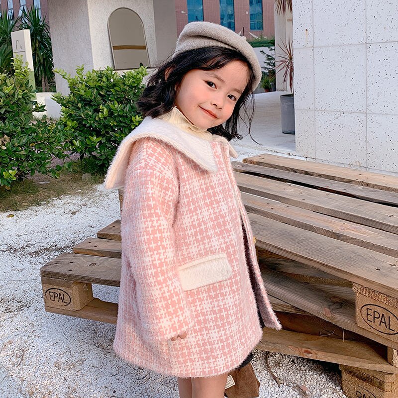 Winter koreaanse kinderkleding babymeisjes omslagkraag enkelrijs geruite prinses wollen jas 2-8 jaar kinderjas