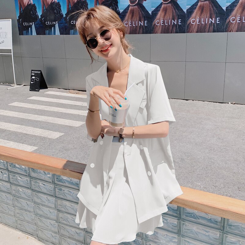 Conjuntos de dos piezas para mujer, Blazer y elegantes faldas para mujer, traje suelto de manga corta, chaqueta Mini plisada, trajes coreanos